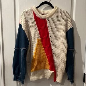 Colorblock Knit Sweater with Denim Sleeves